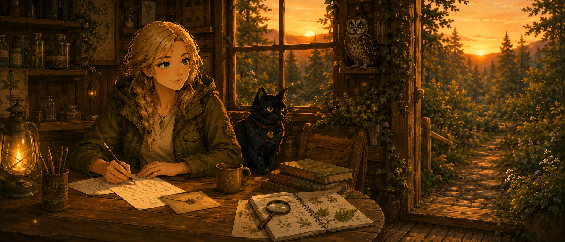 Bella schreibt abends einen Brief in der Rangerstation