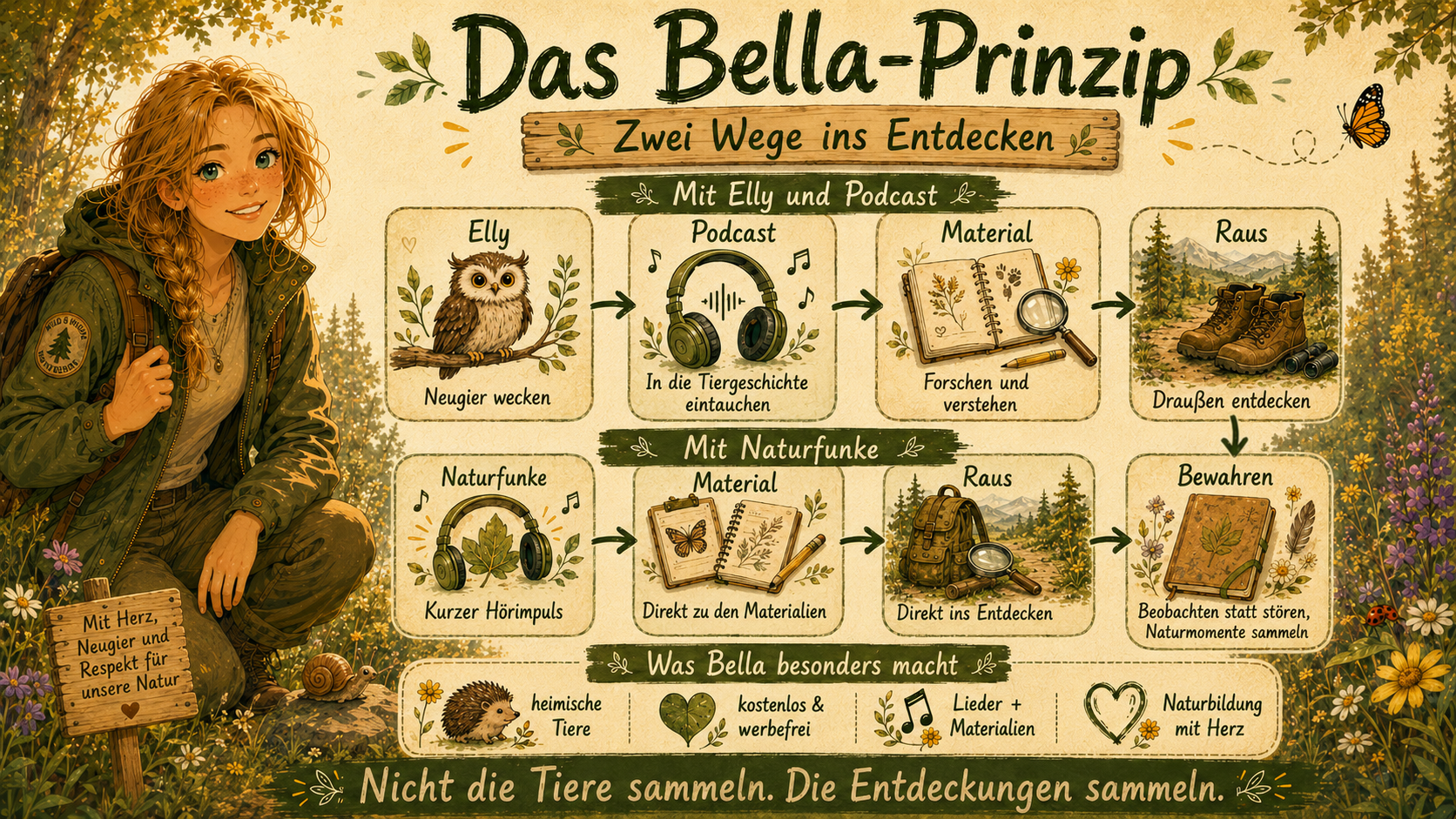 Das Bella-Prinzip zeigt zwei Wege vom Hörimpuls über die Materialien zum eigenen Entdecken draußen