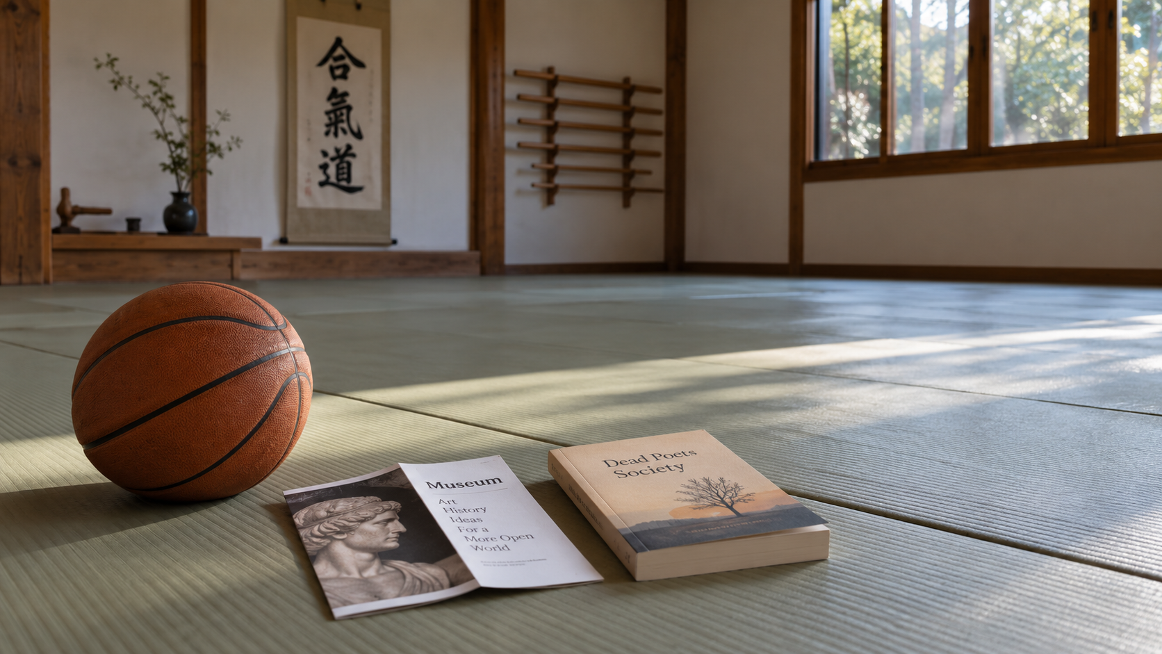 Ein ruhiges Aikido-Dojo mit Basketball, einem Museumsprospekt und einem Buch auf der Matte; Sonnenlicht fällt durch die Fenster.