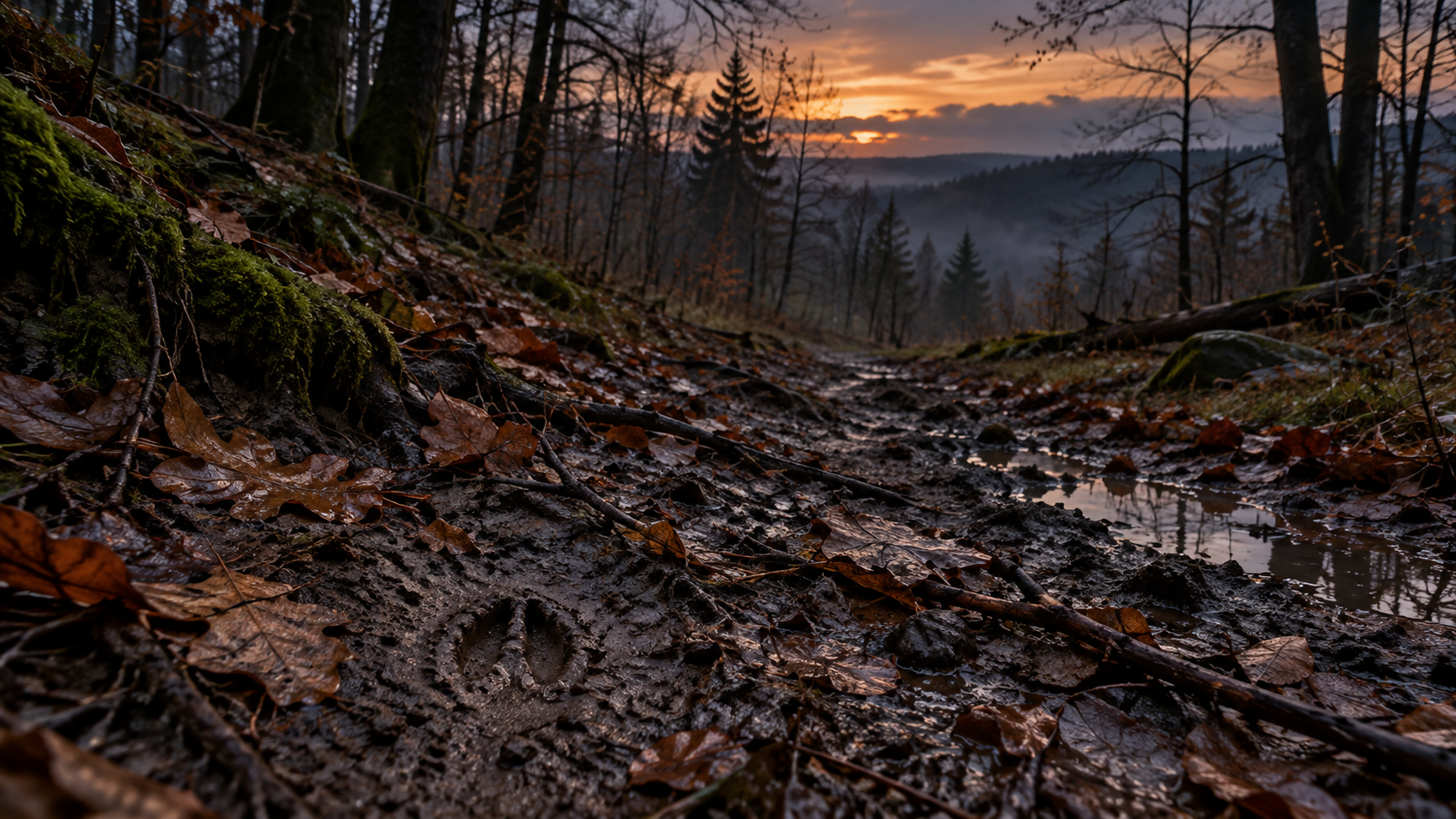 Tierspur im matschigen Herbstwald zwischen feuchtem Laub und Pfützen; am Horizont leuchtet der Abendhimmel.